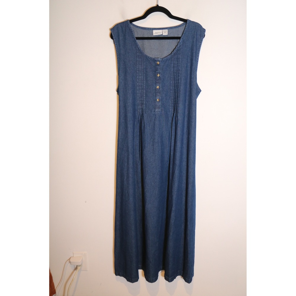 Vermont Country Store Denim Pintuck Jumper Maxi Dress XL Cottage Prairie Modest